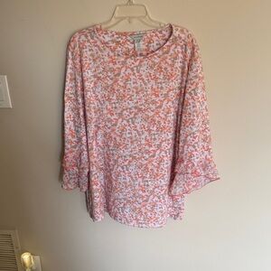 Talbots Coral Pink Floral Ruffle Sleeve Blouse